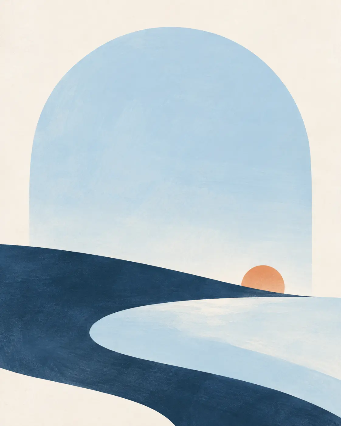 Composición abstracta en marfil y azul, con un pequeño horizonte naranja.